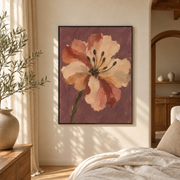 Bedroom mockup of peach blossom canvas wall art in a softly lit neutral room