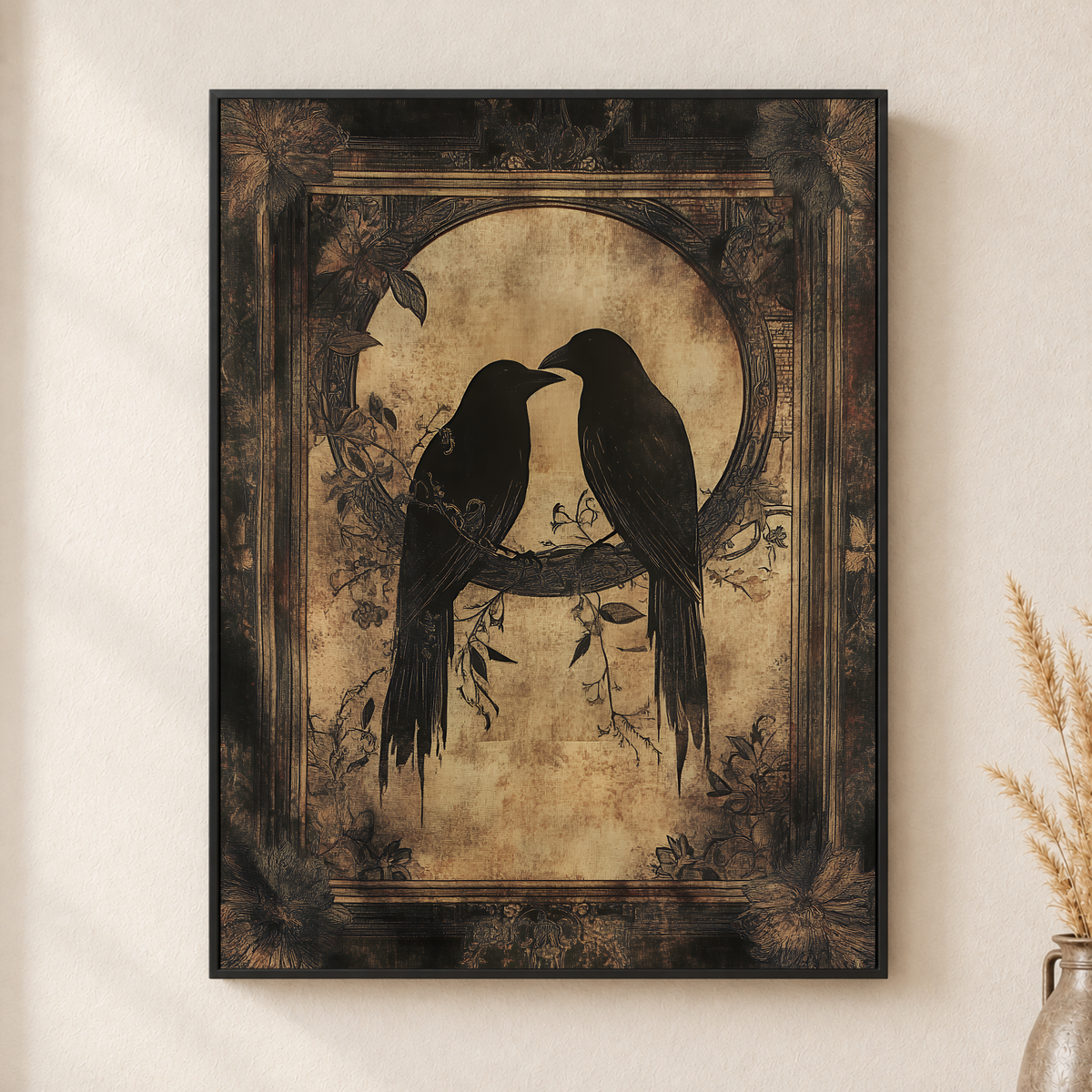 Gothic Bird Canvas Wall Art – Black Birds under Full Moon