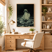 Home office mockup of woman in flowing dress canvas wall art above a wood desk