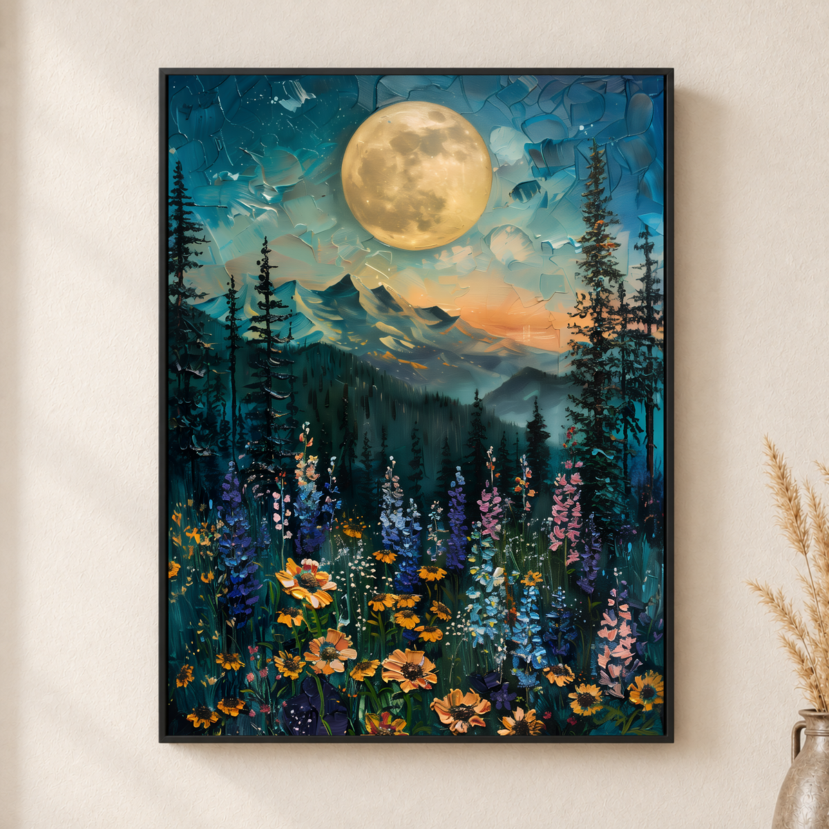 Moonlit Mountain Canvas Wall Art – Colorful Alpine Wildflowers