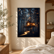Bedroom mockup of firefly treehouse canvas wall art in a softly lit neutral room
