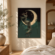 Bedroom mockup of woman on crescent moon canvas wall art in a softly lit neutral room