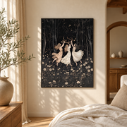 Bedroom mockup of forest ballerinas canvas wall art in a softly lit neutral room