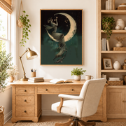 Home office mockup of woman on crescent moon canvas wall art above a wood desk