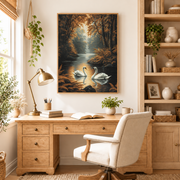 Home office mockup of white swans on woodland lake canvas wall art above a wood desk