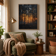 Reading nook mockup of firefly forest canvas wall art above an armchair
