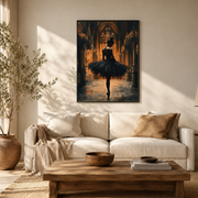 Living room mockup of ballerina in cathedral canvas wall art above a light sofa
