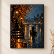 Framed canvas wall art depicting a rain-wet canal street with a small boat, amber lamps, and autumn trees on a neutral wall