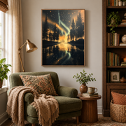 Reading nook mockup of northern lights lake canvas wall art above an armchair