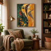 Reading nook mockup of abstract sun and moon face canvas wall art above an armchair