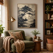 Reading nook mockup of ink wash tree and river canvas wall art above an armchair