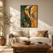 Living room mockup of abstract sun and moon face canvas wall art above a light sofa