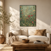 Living room mockup of wildflower meadow canvas wall art above a light sofa