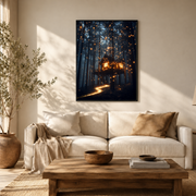 Living room mockup of firefly treehouse canvas wall art above a light sofa