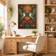 Home office mockup of art nouveau moth and poppy canvas wall art above a wood desk