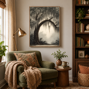 Reading nook mockup of twisted tree arch canvas wall art above an armchair