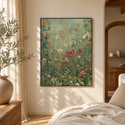 Bedroom mockup of wildflower meadow canvas wall art in a softly lit neutral room