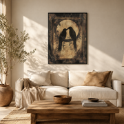 Living room mockup of black birds full moon canvas wall art above a light sofa