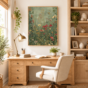 Home office mockup of wildflower meadow canvas wall art above a wood desk