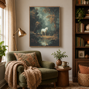 Reading nook mockup of white unicorn by stream canvas wall art above an armchair