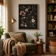 Reading nook mockup of dark botanical wildflower canvas wall art above an armchair