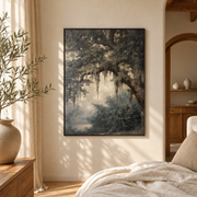 Bedroom mockup of mossy forest arch canvas wall art in a softly lit neutral room