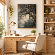 Home office mockup of mossy forest arch canvas wall art above a wood desk