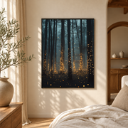 Misty pine forest canvas art with glowing fireflies displayed beside a neutral bed