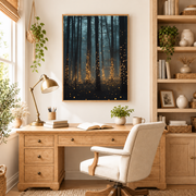 Blue mist forest canvas with golden fireflies above a wooden desk in a home office
