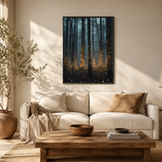 Blue mist forest canvas with golden fireflies hanging above a beige sofa in a living room