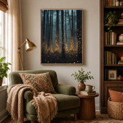 Enchanted forest canvas wall art above an olive green armchair in a reading corner