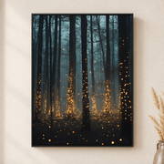 Enchanted forest canvas wall art with dark pine trees, blue mist, and glowing golden fireflies