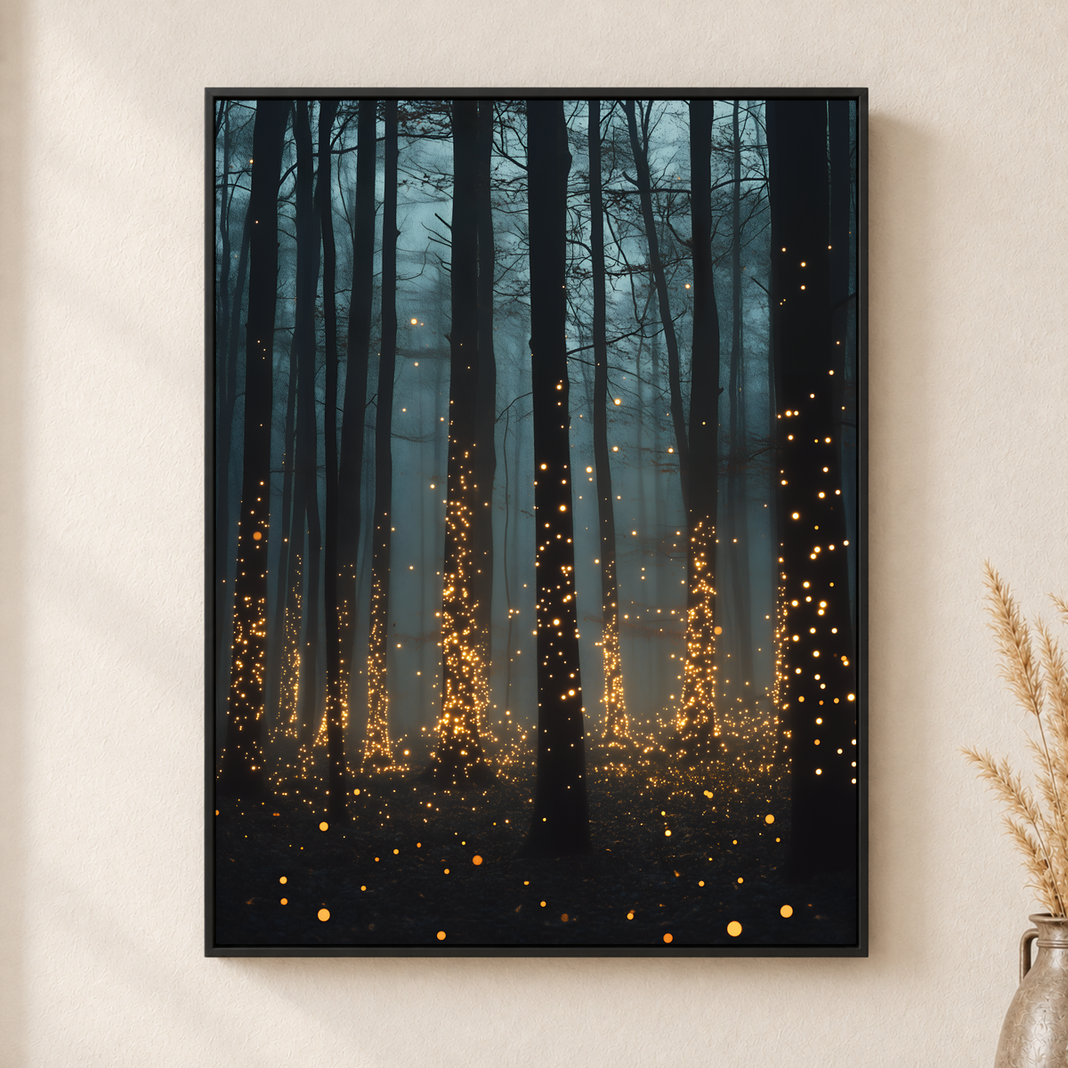 Enchanted Forest Canvas Wall Art Golden Fireflies Among Dark Pine Trees In Blue Mist