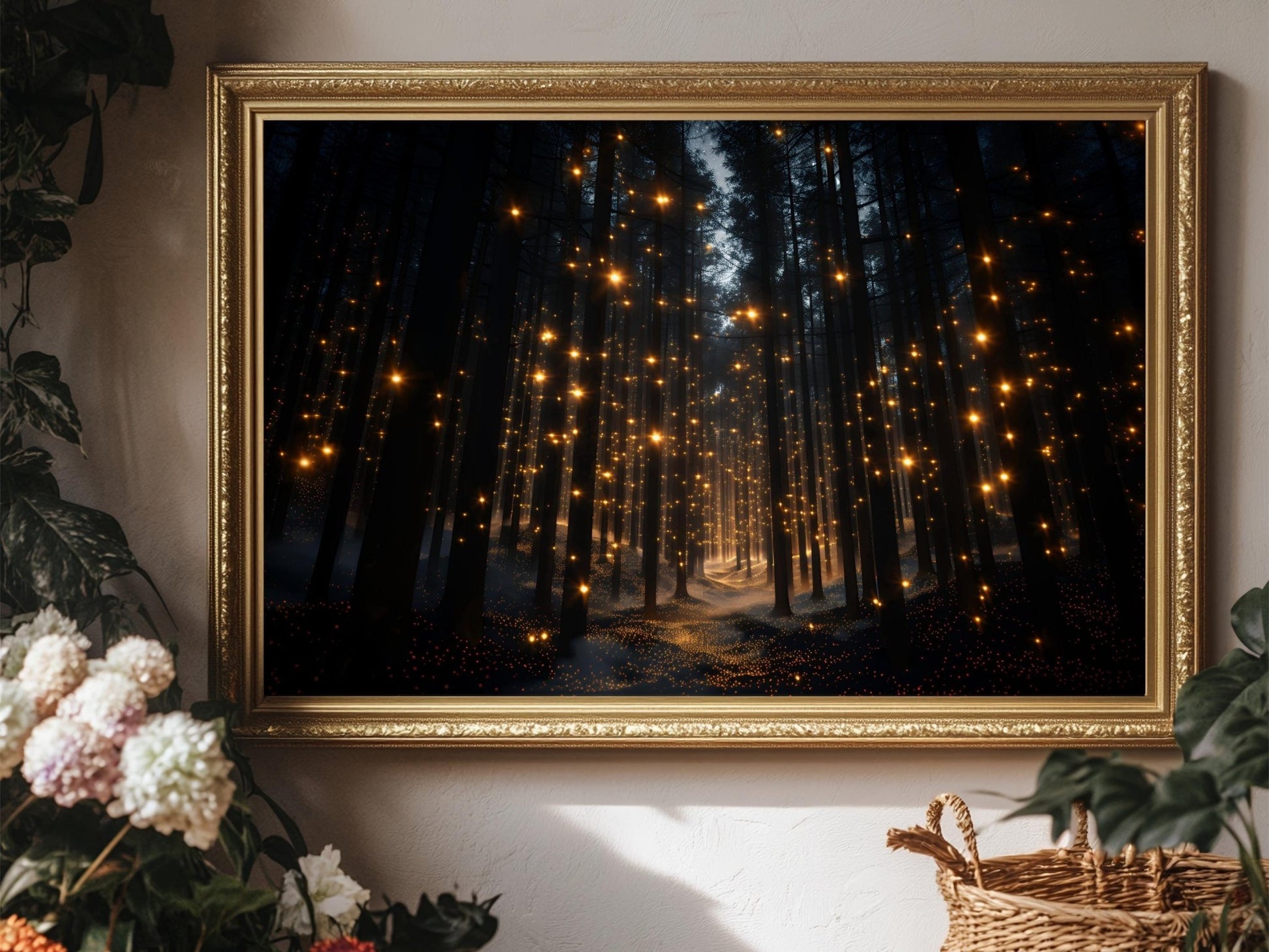 Enchanted Forest Wall Art Firefly Light Print, Mystical Woodland Decor, Magical Night Forest Poster, Fantasy Nature Artwork moody dark maximalist wall art – Sunrise Art Creations