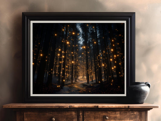 Enchanted Forest Wall Art Firefly Light Print, Mystical Woodland Decor, Magical Night Forest Poster, Fantasy Nature Artwork moody dark maximalist wall art – Sunrise Art Creations