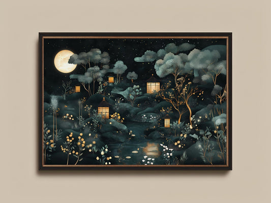 Enchanted Forest Wall Art, Moonlit Cottagecore Landscape Print, Glowing Night Scene Poster, Cozy Fantasy Decor, Dark Whimsical Art Print moody dark maximalist wall art – Sunrise Art Creations