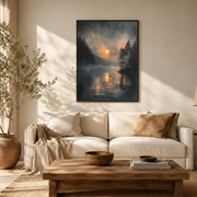 Living room mockup of moonlit river canvas wall art above a light sofa