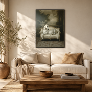 Living room mockup of white horse on sofa canvas wall art above a light sofa