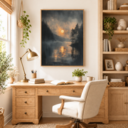 Home office mockup of moonlit river canvas wall art above a wood desk