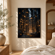 Bedroom mockup of firefly forest path canvas wall art in a softly lit neutral room