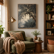 Reading nook mockup of mossy forest arch canvas wall art above an armchair