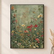 Framed canvas wall art depicting tiny red, cream, and gold meadow flowers scattered across a sage green field on a neutral wall