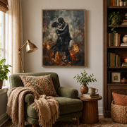 Reading nook mockup of couple embracing in fire canvas wall art above an armchair
