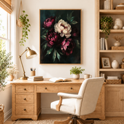 Home office mockup of blush and burgundy peony canvas wall art above a wood desk