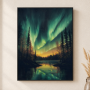 Framed canvas wall art depicting green aurora lights over a still forest lake beneath a star-filled sky on a neutral wall