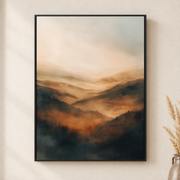 Framed canvas wall art depicting layers of beige, cream, and warm brown mountains beneath a pale hazy sky on a neutral wall