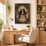 Home office mockup of black birds full moon canvas wall art above a wood desk