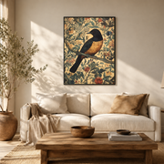Living room mockup of orange songbird botanical canvas wall art above a light sofa