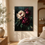 Bedroom mockup of burgundy and cream peony canvas wall art in a softly lit neutral room