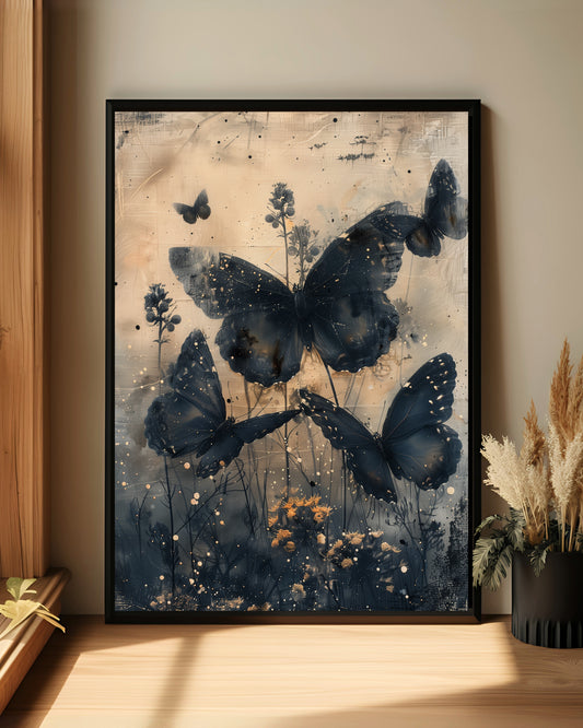 Dark Botanical Butterfly Wall Art – Moody Nature Print (Poster, Canvas, Framed)